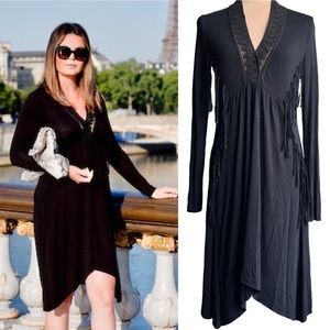 Zara Black Fringe High Low Long Sleeve V-Neck M